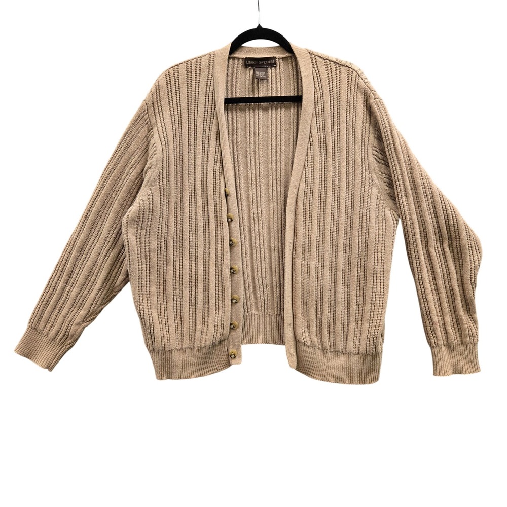 Vintage Grandpa Cardigan Sweater Large Tan Excellent Ribbed‎ Knit Button Up